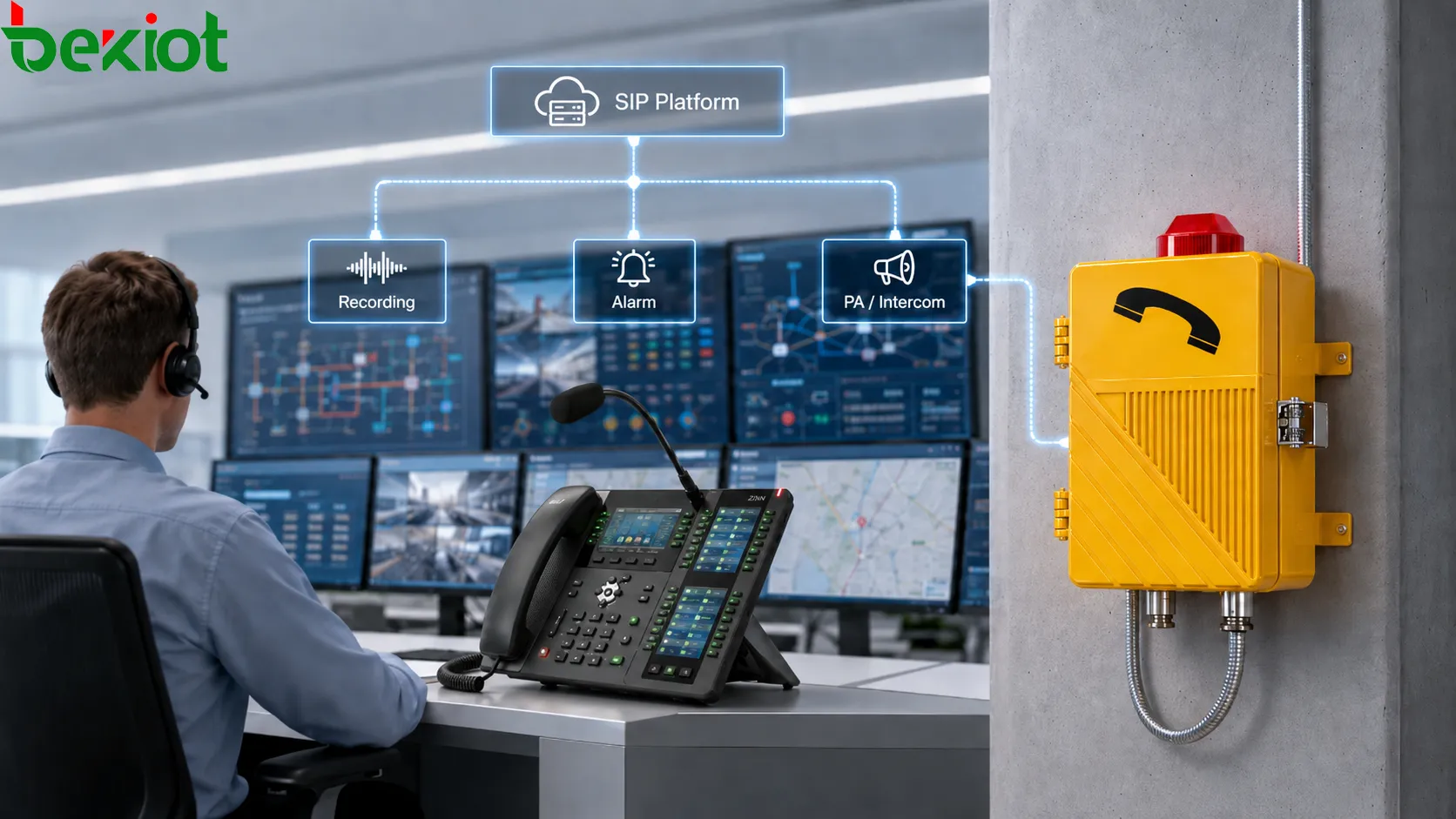 Explosion-proof telephone system integration showing hazardous area phone connected to dispatch console SIP platform alarm linkage recording server and control room operator