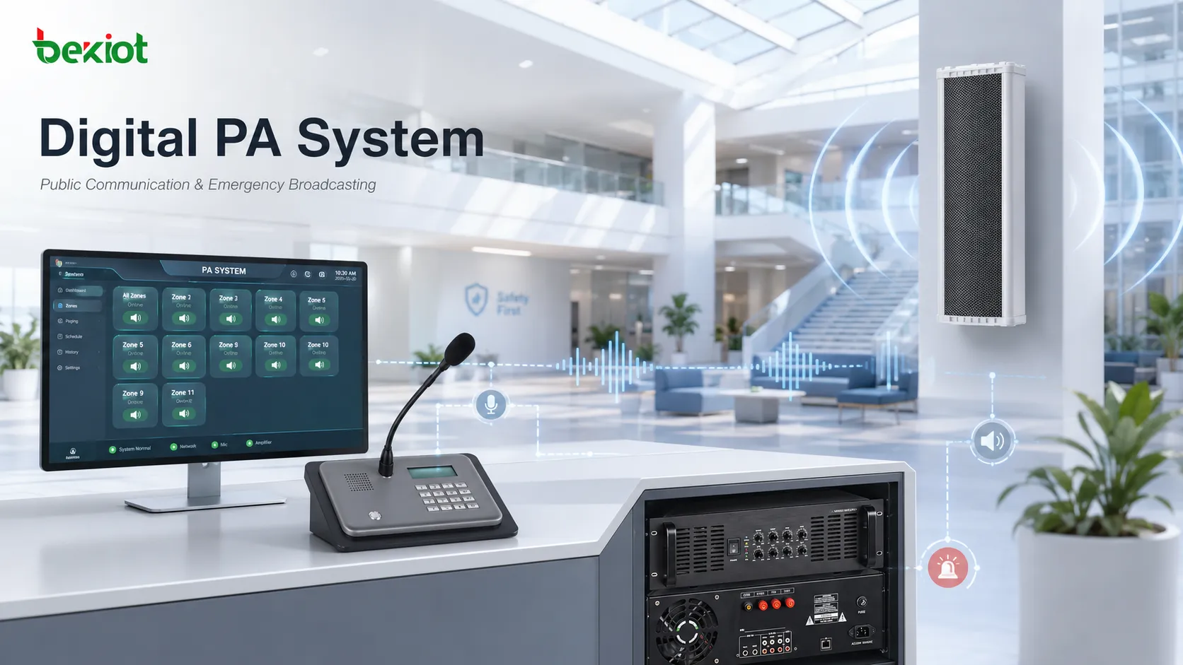 Digital PA system architecture with microphone amplifier IP network speakers control host emergency broadcast and public address zones