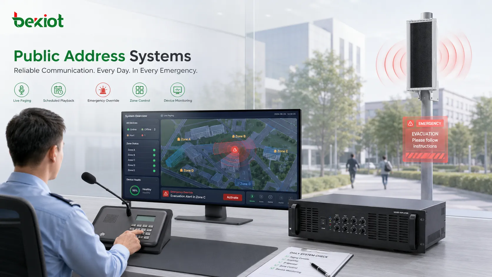 Public address system equipment selection showing control room microphone IP amplifier ceiling speaker horn speaker digital display and emergency alarm linkage