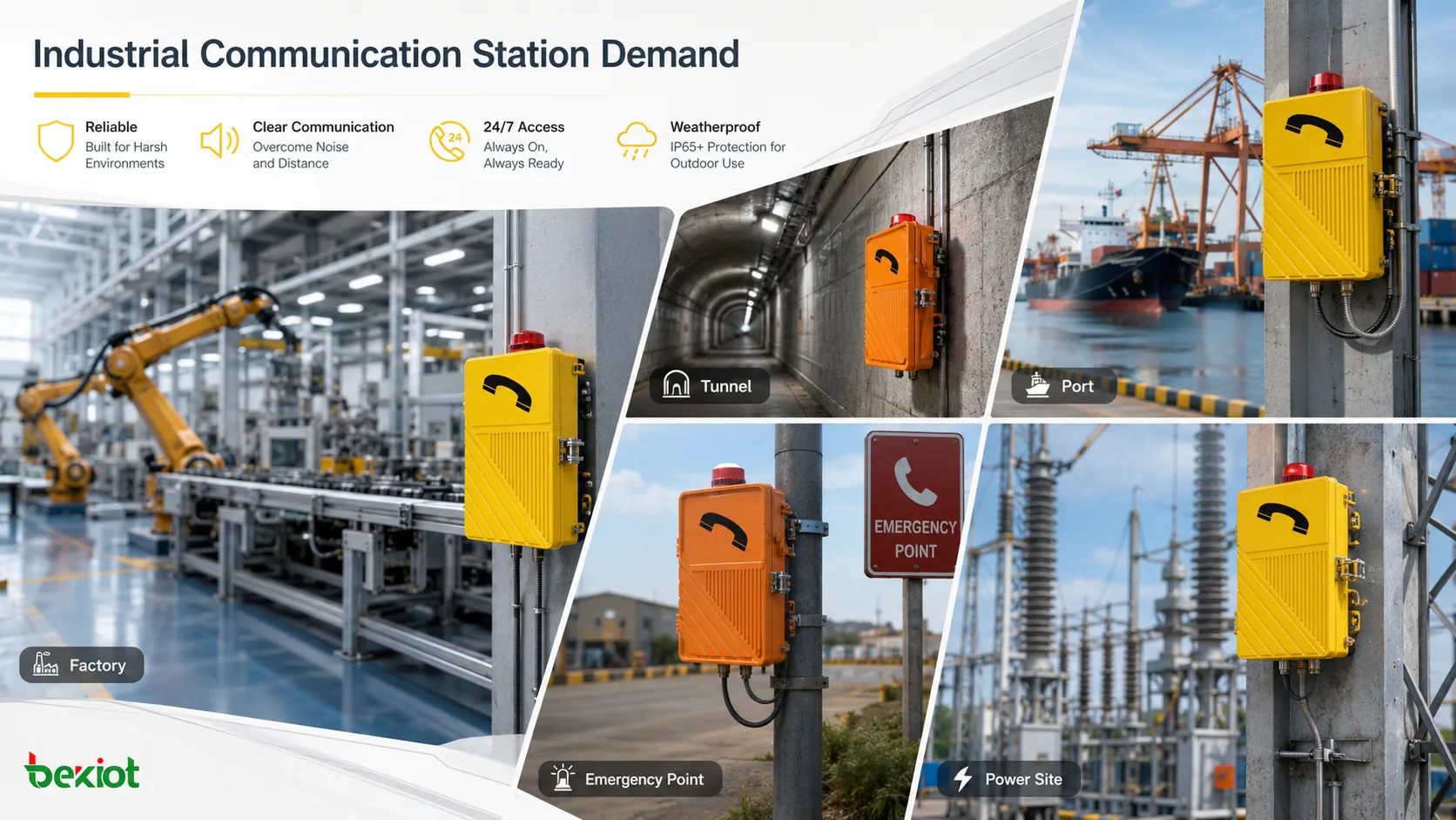 Industrial communication stations used in factory tunnel mine port power facility and outdoor yard showing rugged field voice access dispatch connection and emergency help point