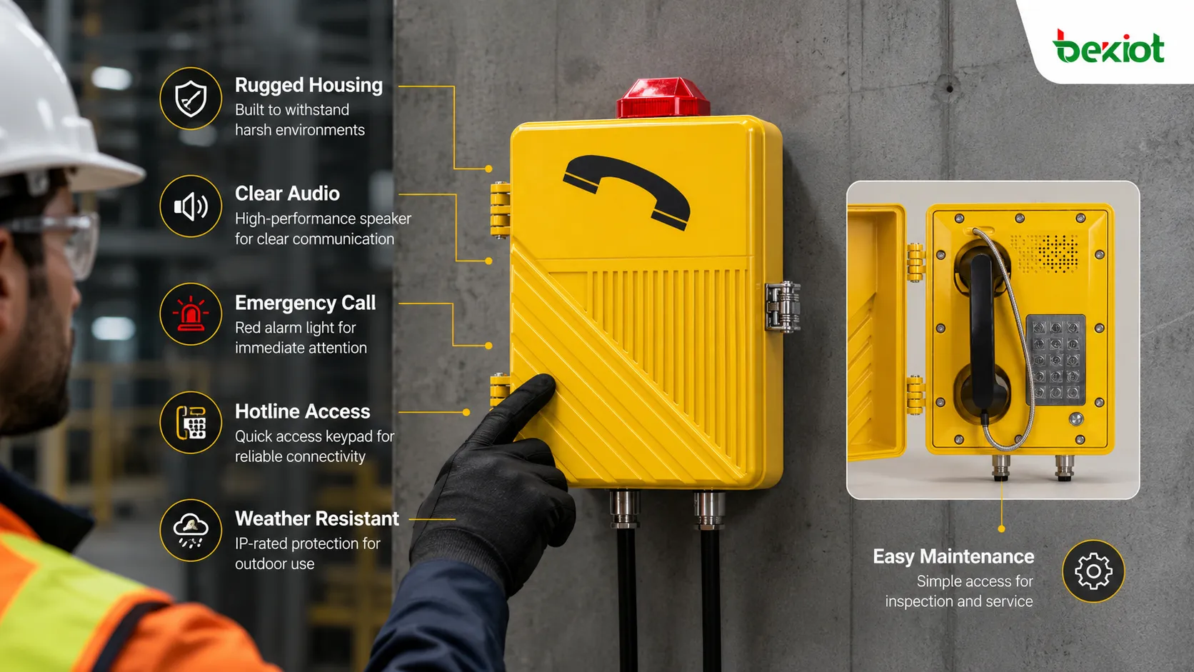 Industrial communication station differentiation features showing rugged enclosure clear audio handset one-button emergency call SIP interface alarm linkage and weatherproof installation