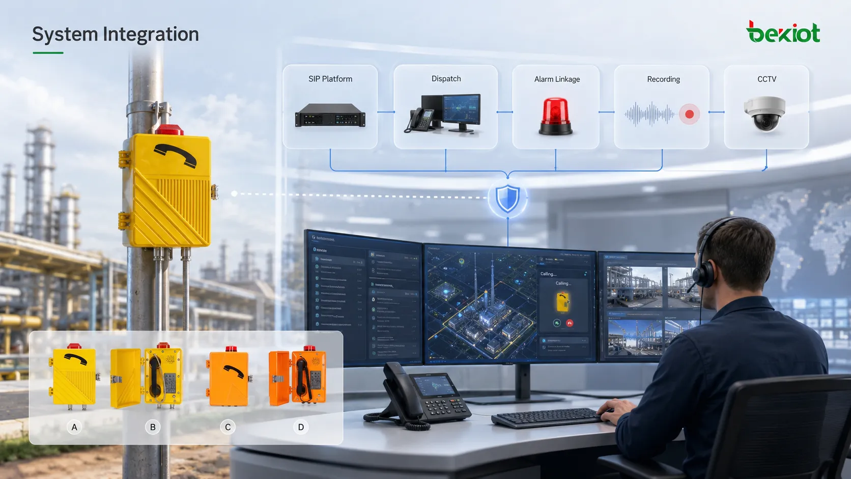 Industrial communication station system integration showing SIP platform dispatch console alarm linkage recording server IP PBX outdoor field station and control room operator