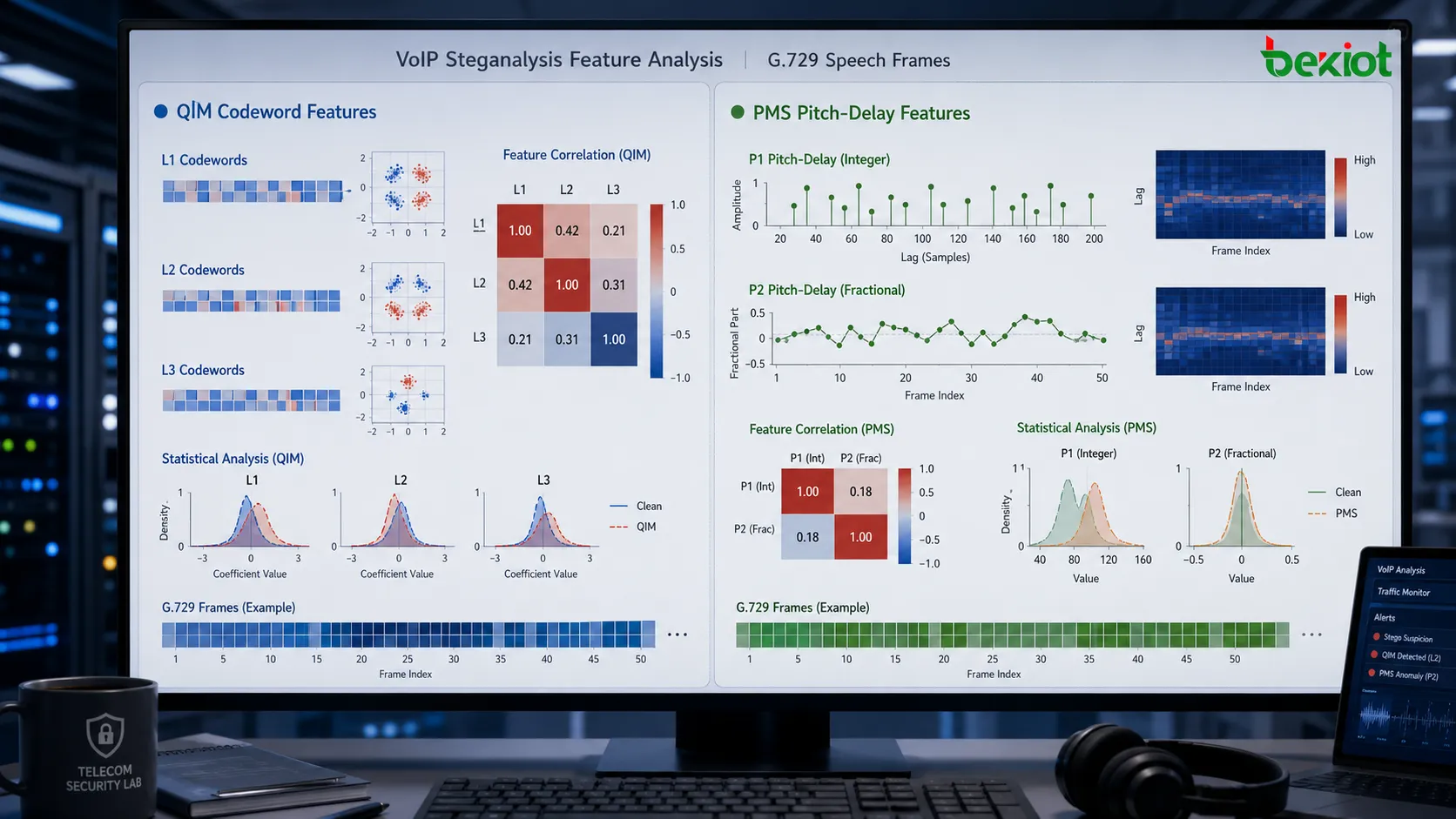 VoIP steganalysis feature analysis comparing QIM codeword features and PMS pitch delay features in G.729 speech frames