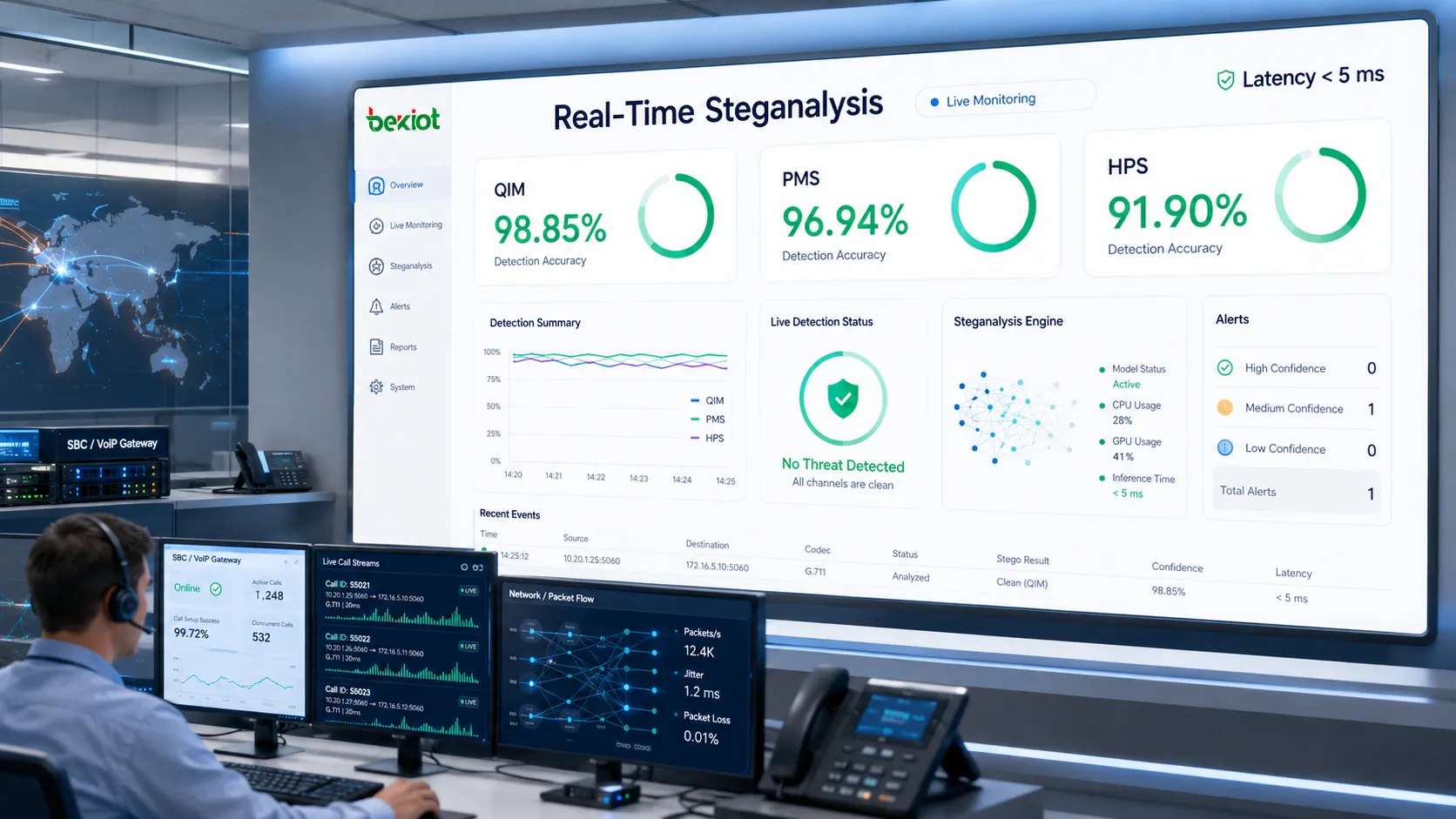 Real-time VoIP steganalysis dashboard showing deep learning detection accuracy for QIM PMS and HPS with low latency security monitoring
