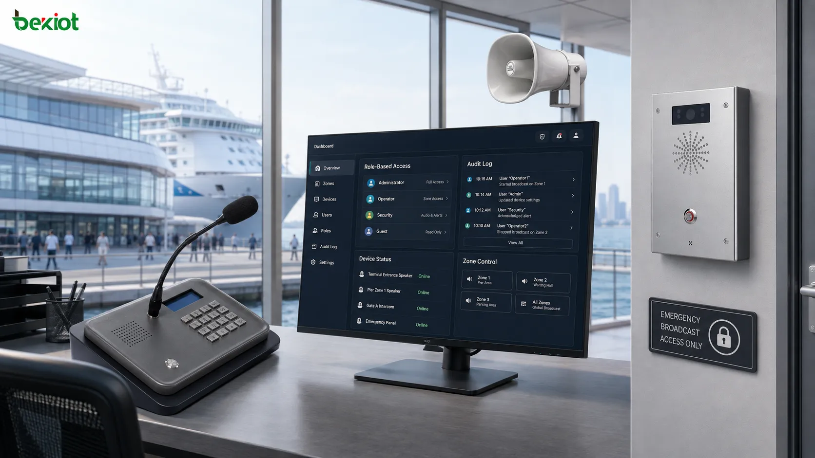 Broadcast system security control center with role-based access, audit log, emergency broadcast permission and public address devices