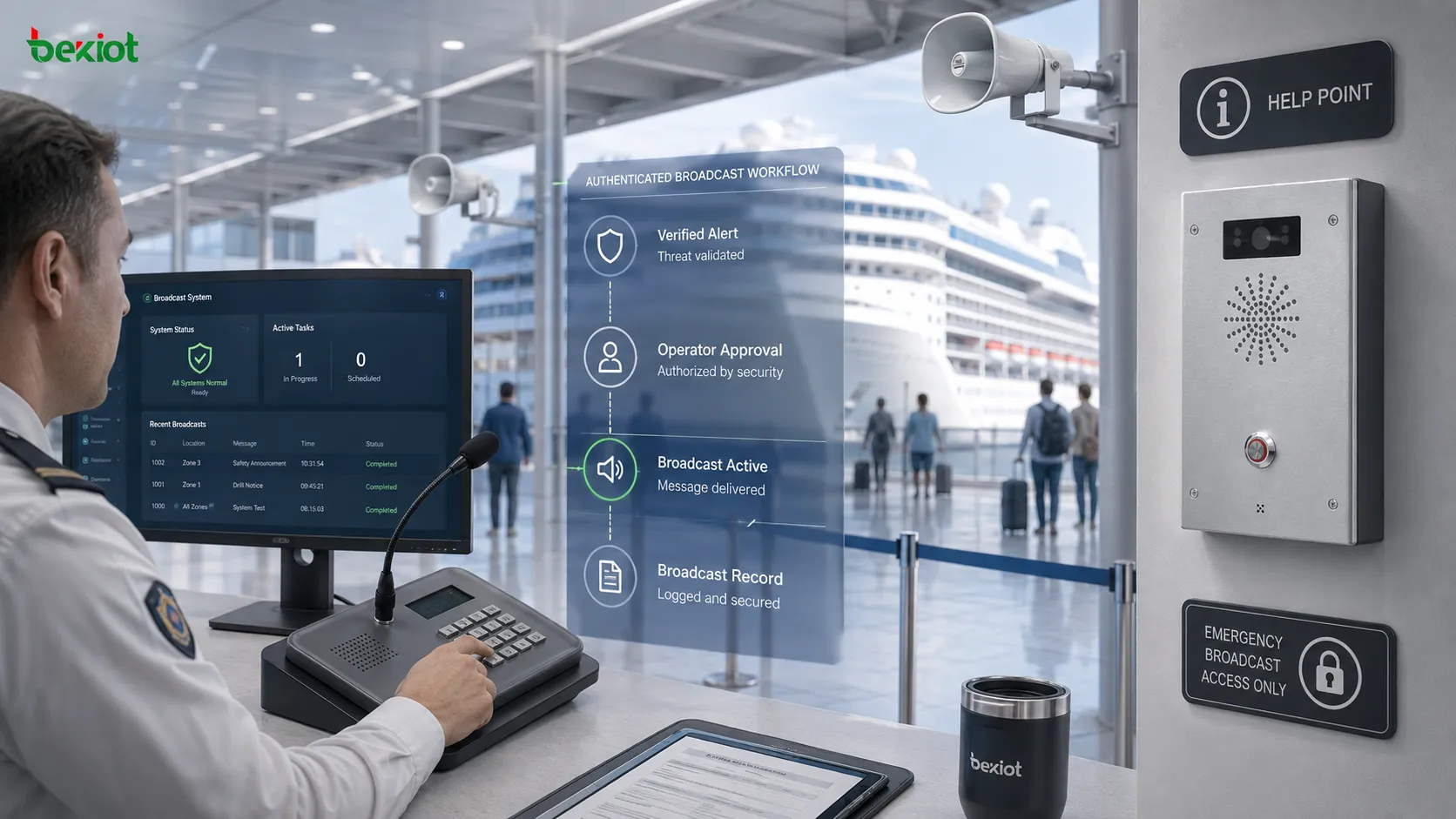 Secure emergency broadcast workflow showing verified alert, operator approval, zone control, active broadcast and recorded audit trail