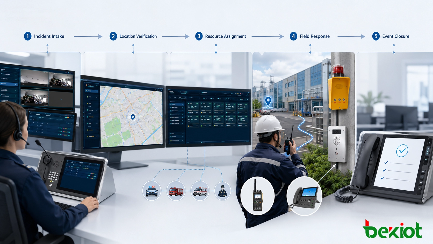 Computer-aided dispatch workflow showing incident intake, location verification, resource assignment, field response, and event closure