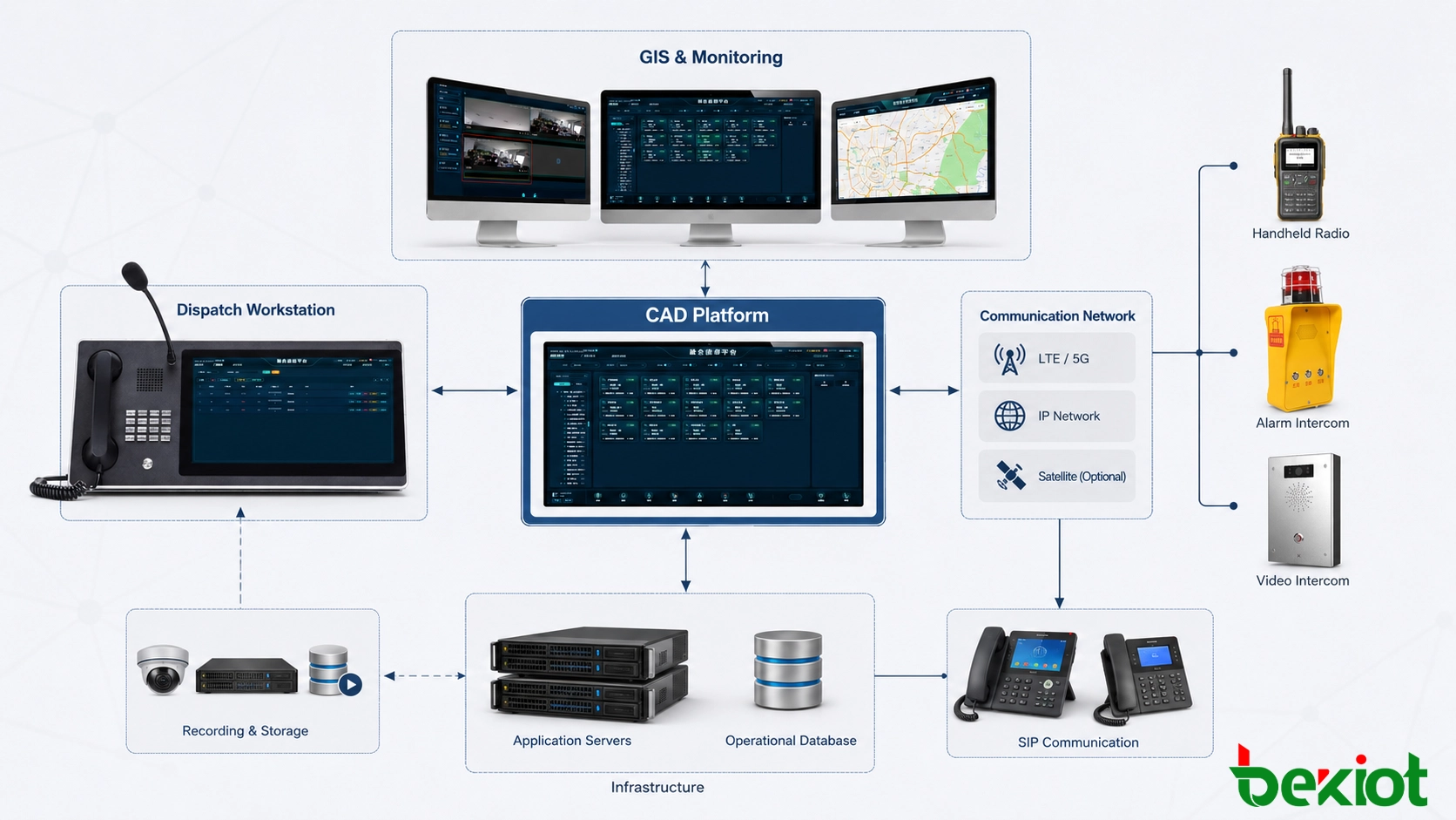CAD system architecture connecting dispatch workstations, application servers, GIS maps, communication networks, recording systems, and mobile field terminals