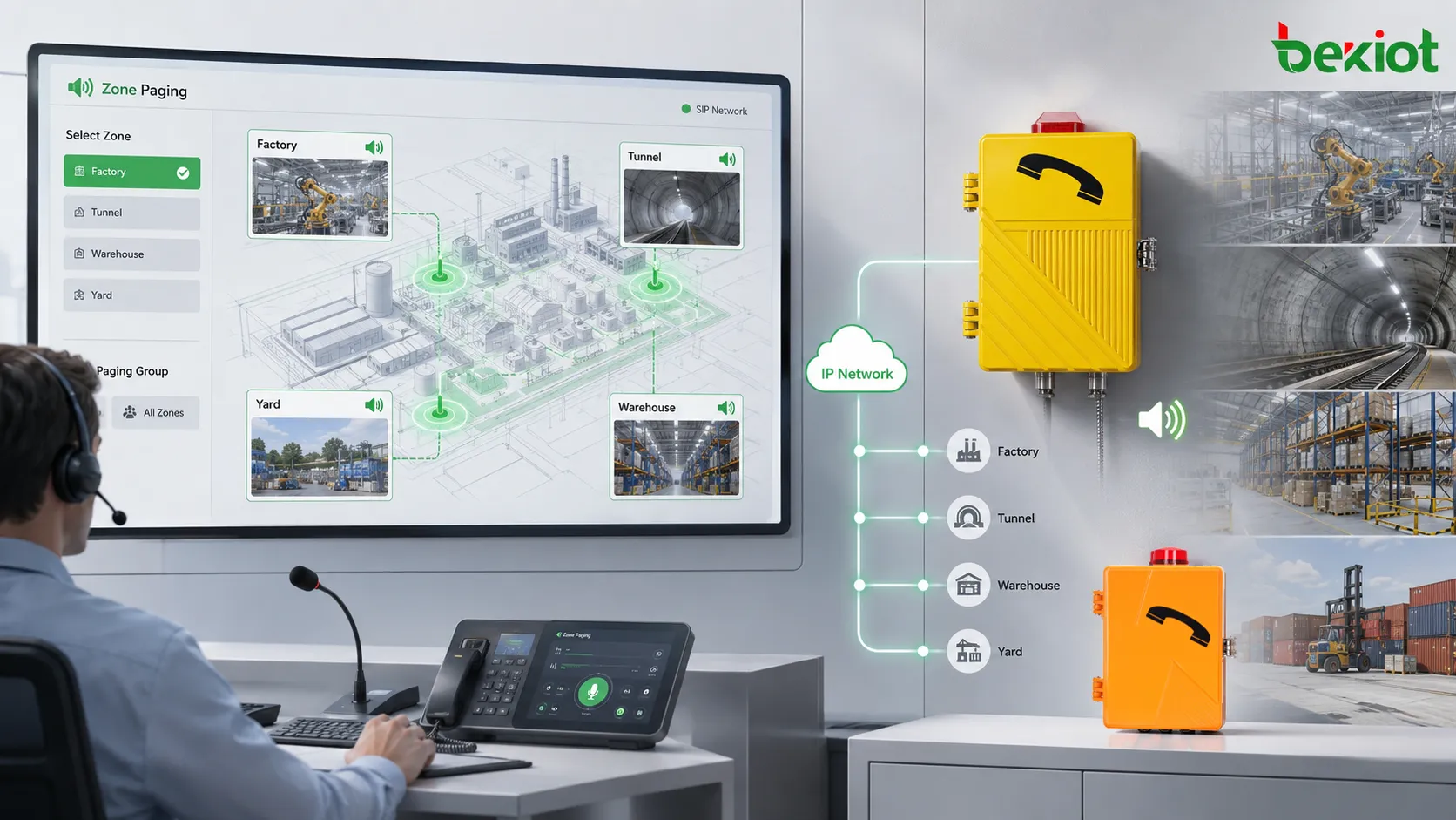 SIP amplified telephone multi-region broadcasting showing control room operator selecting factory zones tunnel section outdoor yard and warehouse paging areas through IP network