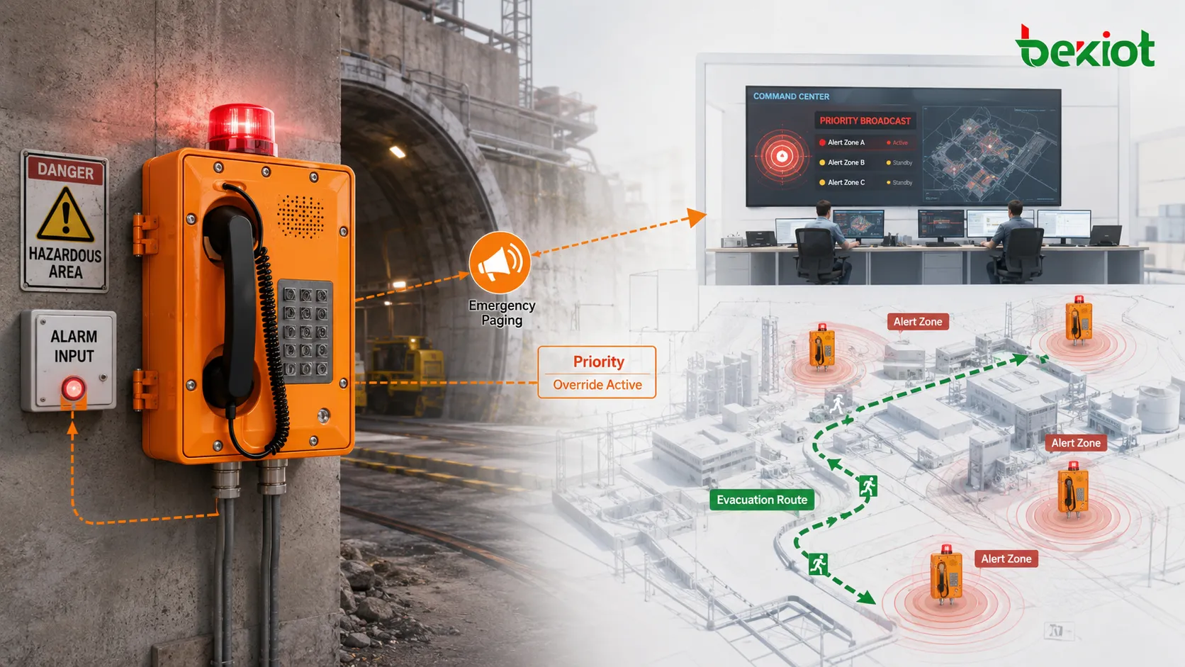 SIP amplified telephone emergency zone paging showing alarm input priority broadcast evacuation route hazardous area speaker endpoints and command center coordination