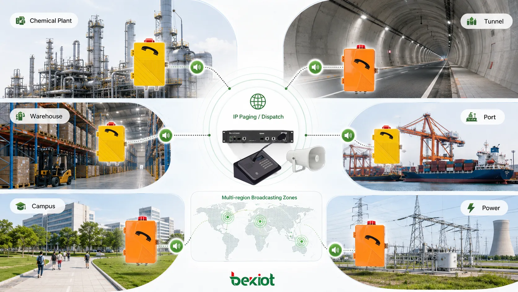 SIP amplified telephone application scenarios showing chemical plant tunnel warehouse port campus power facility and multi-region broadcasting zones