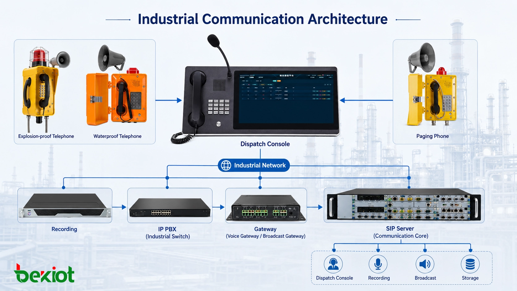 Industrial communication architecture showing explosion-proof telephones, industrial switches, SIP servers, dispatch consoles, recording platforms, and broadcasting systems