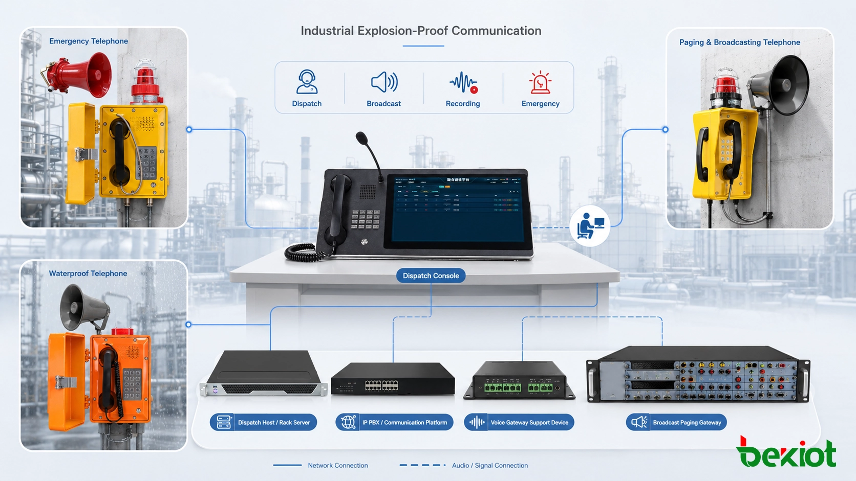 Industrial explosion-proof communication system connecting hazardous-area telephones, dispatch consoles, broadcasting, recording, and emergency response resources
