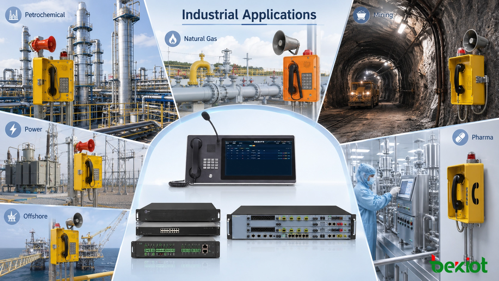 Explosion-proof communication applications across petrochemical plants, natural gas facilities, mines, power stations, pharmaceutical sites, and offshore engineering projects