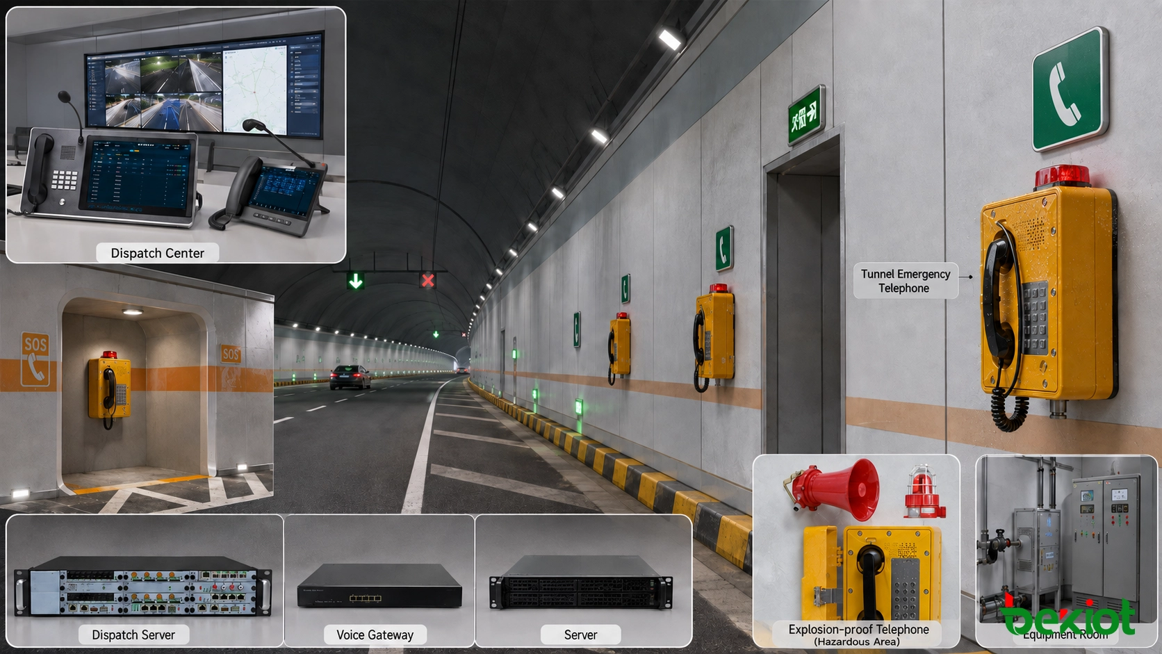 Industrial emergency telephones installed in highway tunnel parking bays, cross passages, and equipment rooms