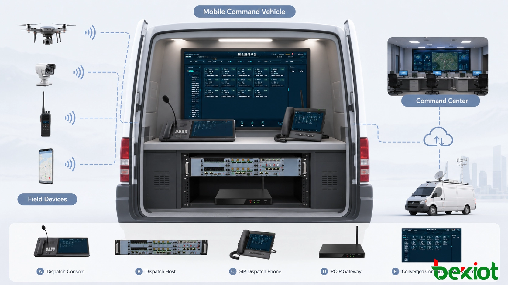 Integrated audio and video dispatch workflow inside a mobile emergency command vehicle