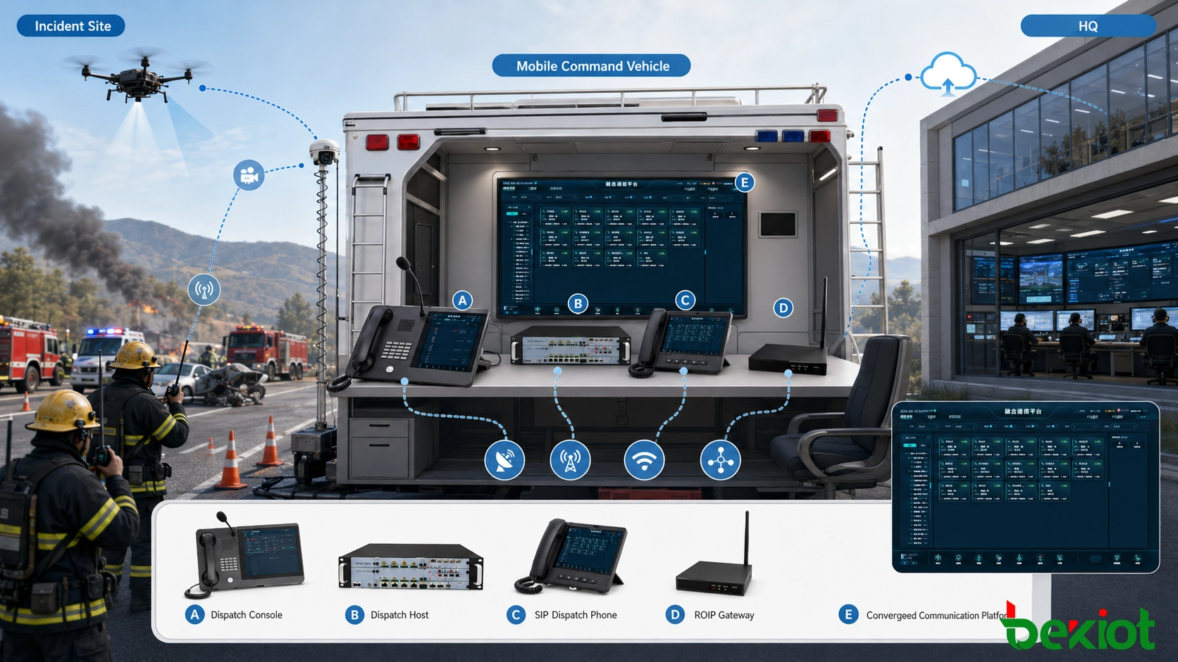 Mobile emergency command vehicle connecting cameras drones radio users and a remote command center