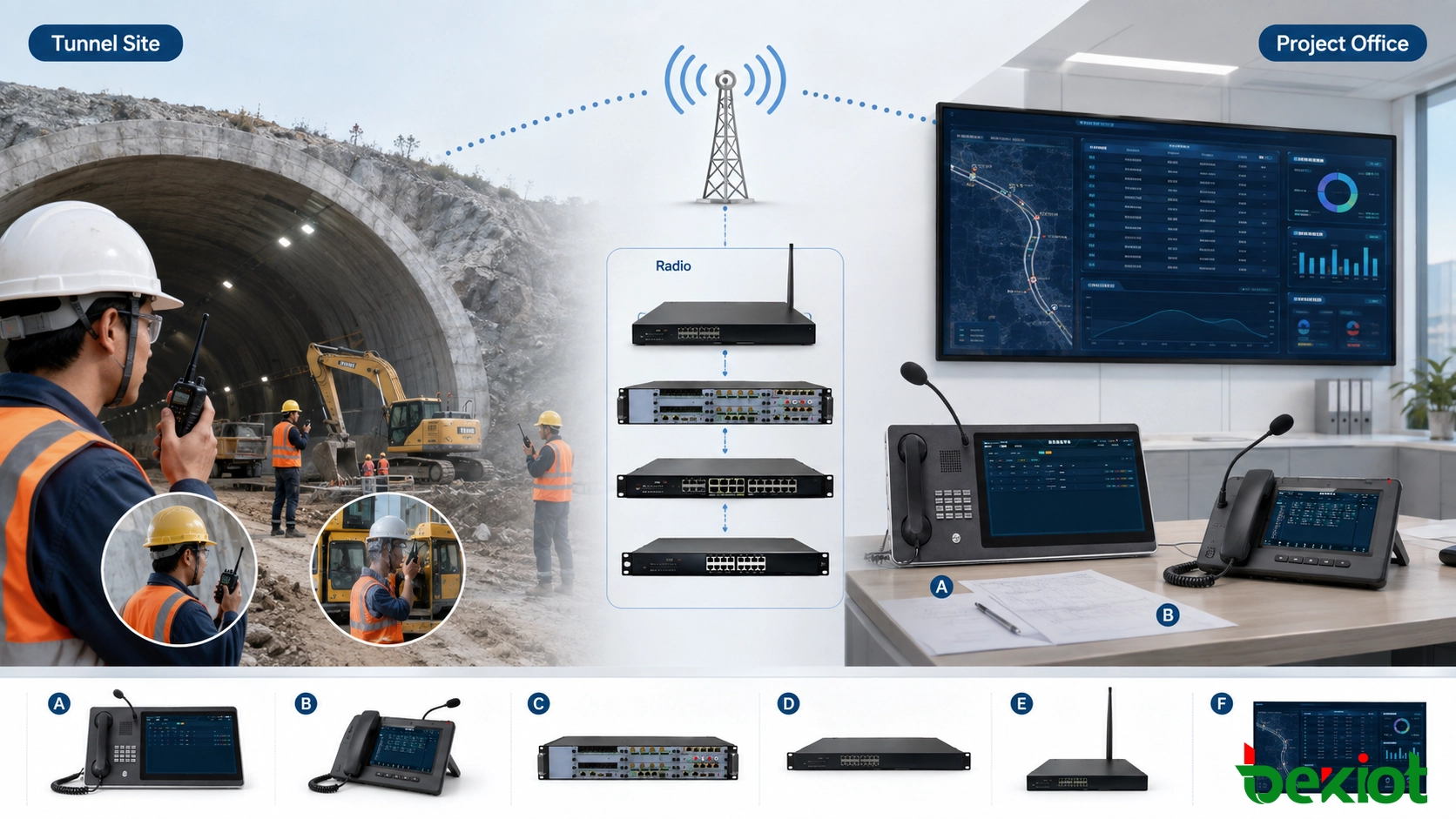 Tunnel construction communication network connecting field radio users with the project command center