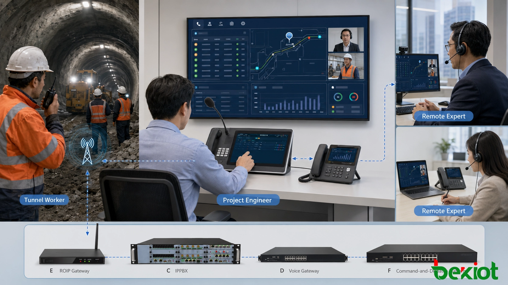 Remote expert consultation connecting tunnel workers project engineers and external specialists through unified dispatch