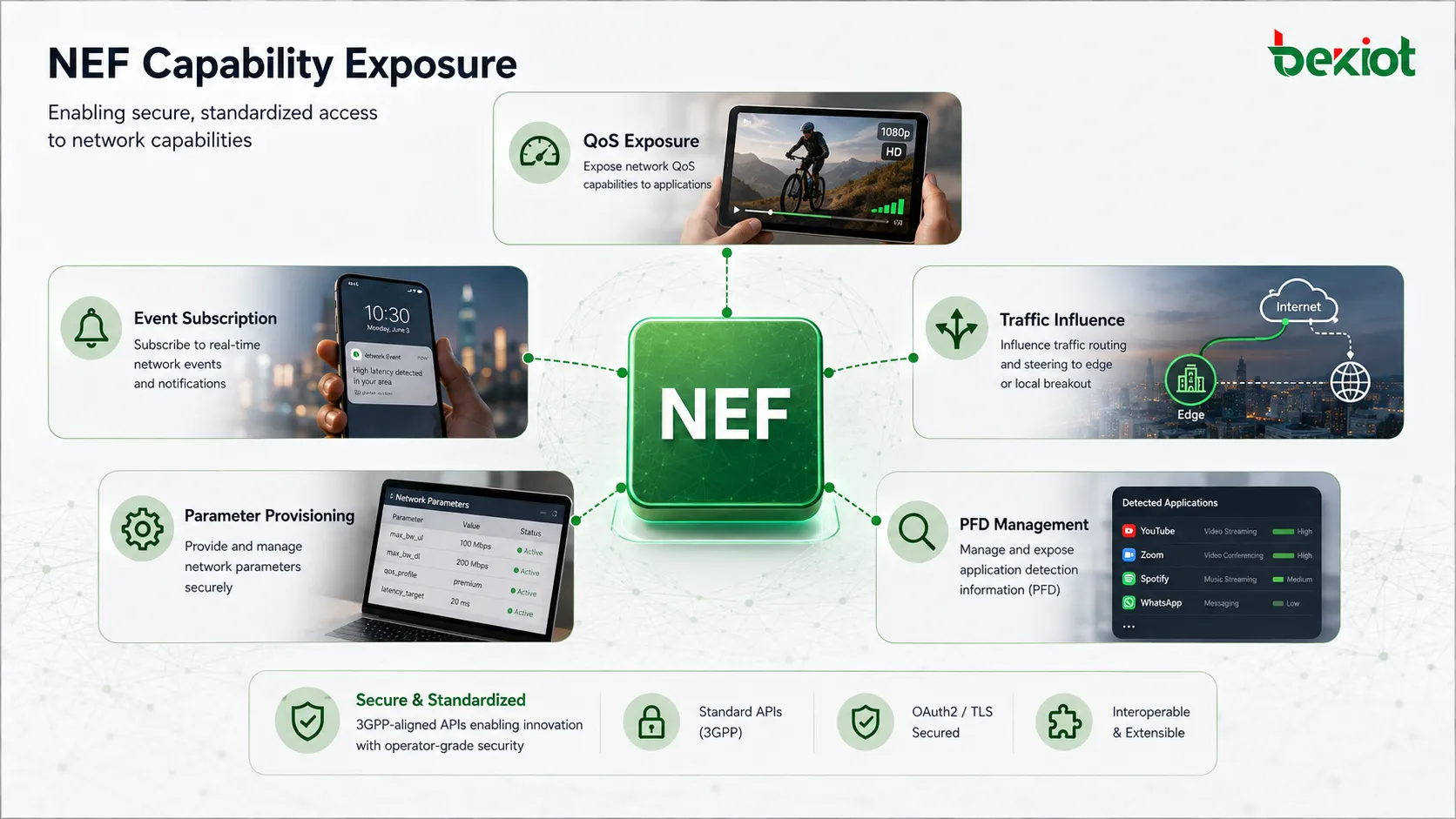 5GC NEF capability exposure covering QoS event subscription traffic influence parameter provisioning and PFD management