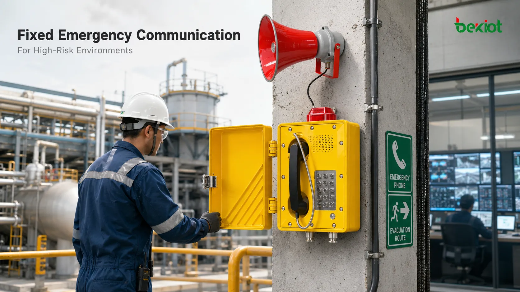Explosion-proof telephone in high-risk refinery working environment with pipelines tank area warning sign worker emergency call point and control room voice communication