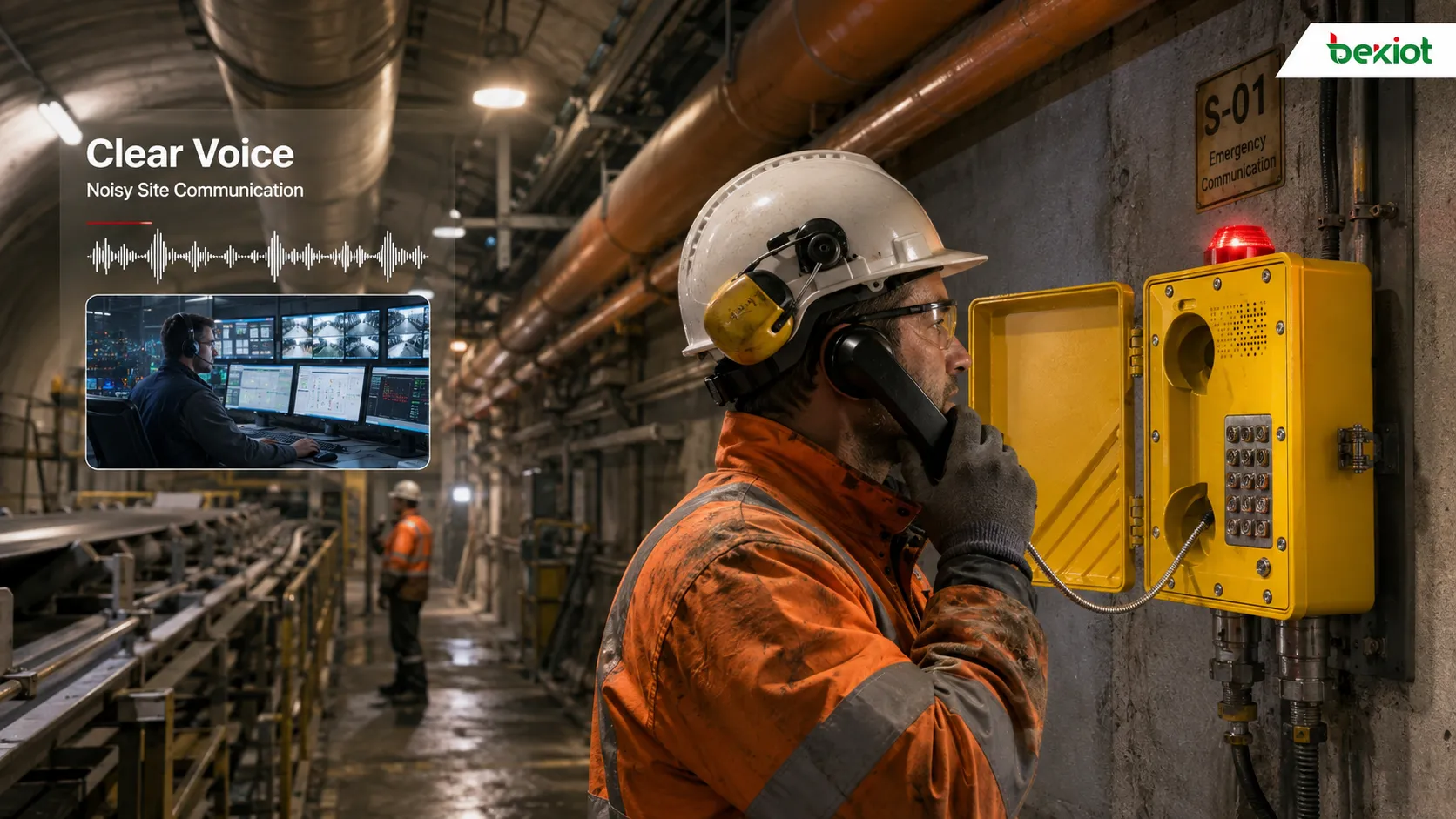 Explosion-proof telephone supporting clear voice communication in noisy industrial workplace with machinery tunnel echo worker handset and control room operator