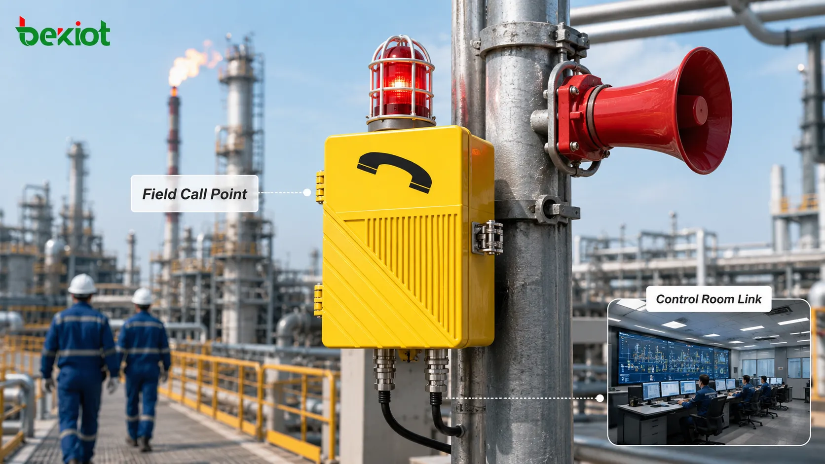 Explosion-proof public address call station at an oil and gas well site with wellhead equipment gathering pipeline field worker control room connection fixed call point and area broadcast coverage