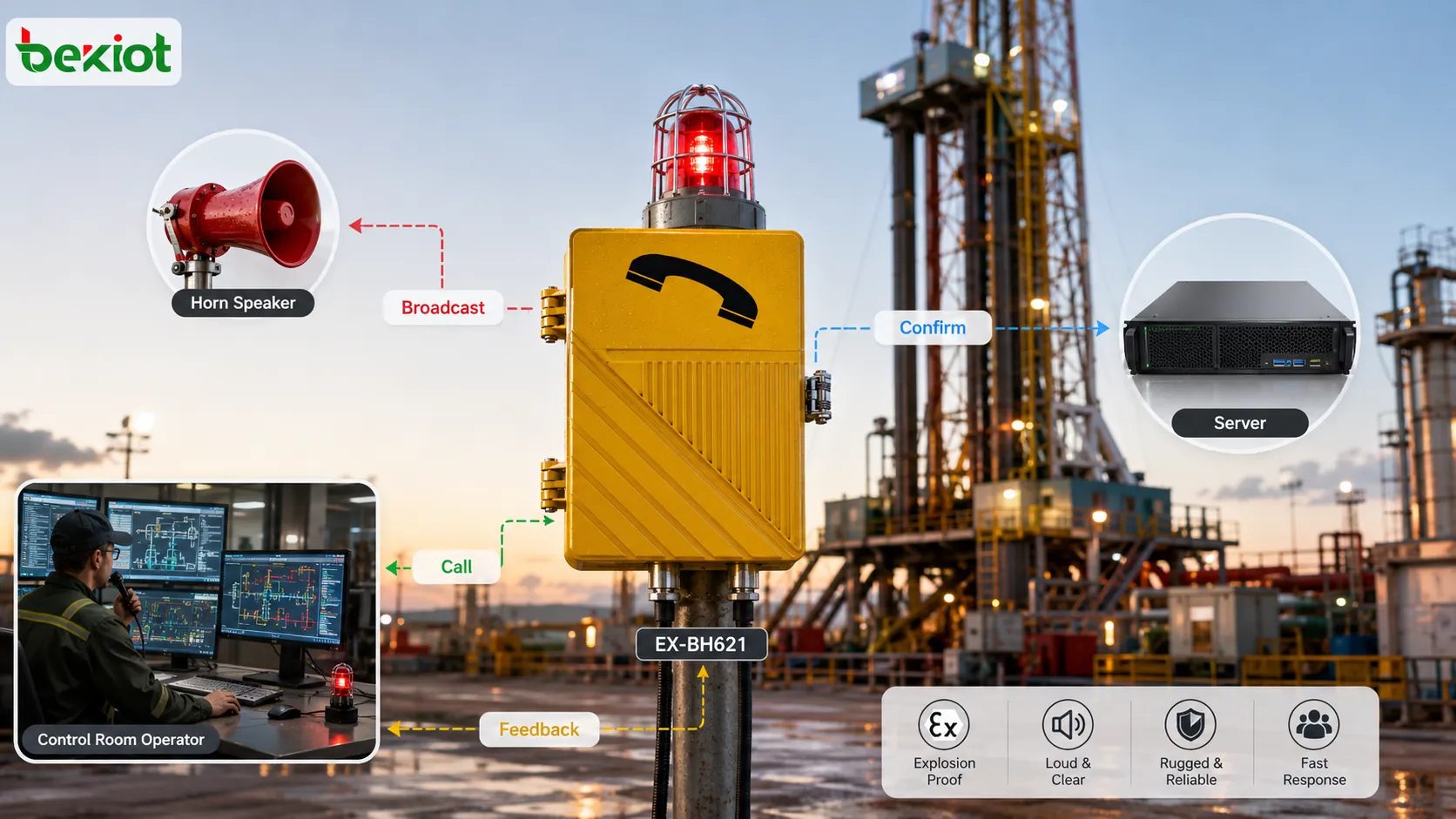 Oil and gas explosion-proof public address call station forming a closed loop with field one-touch calling control room confirmation zone broadcasting alarm linkage and field feedback