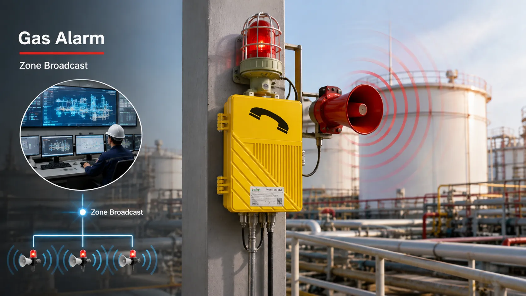 Oil and gas explosion-proof public address call station linked with gas detection fire alarm audible and visual alarm control room platform and zone broadcasting emergency workflow