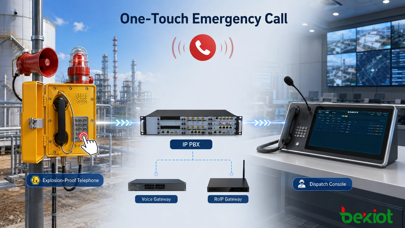 One-touch emergency calling from an explosion-proof telephone to IP PBX and dispatch console