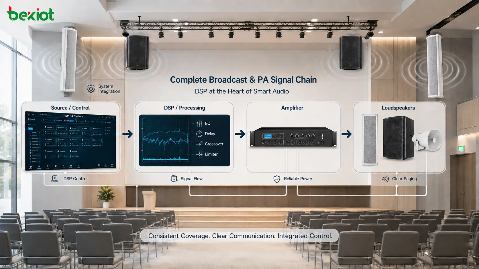Professional broadcast and PA system using DSP for loudspeaker equalization delay crossover limiting and consistent sound coverage