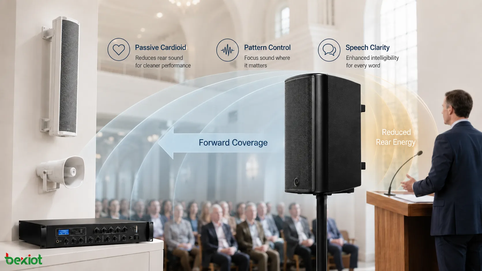 Passive cardioid loudspeaker controlling rear low frequency energy in a church hall and reducing unwanted sound in broadcast coverage