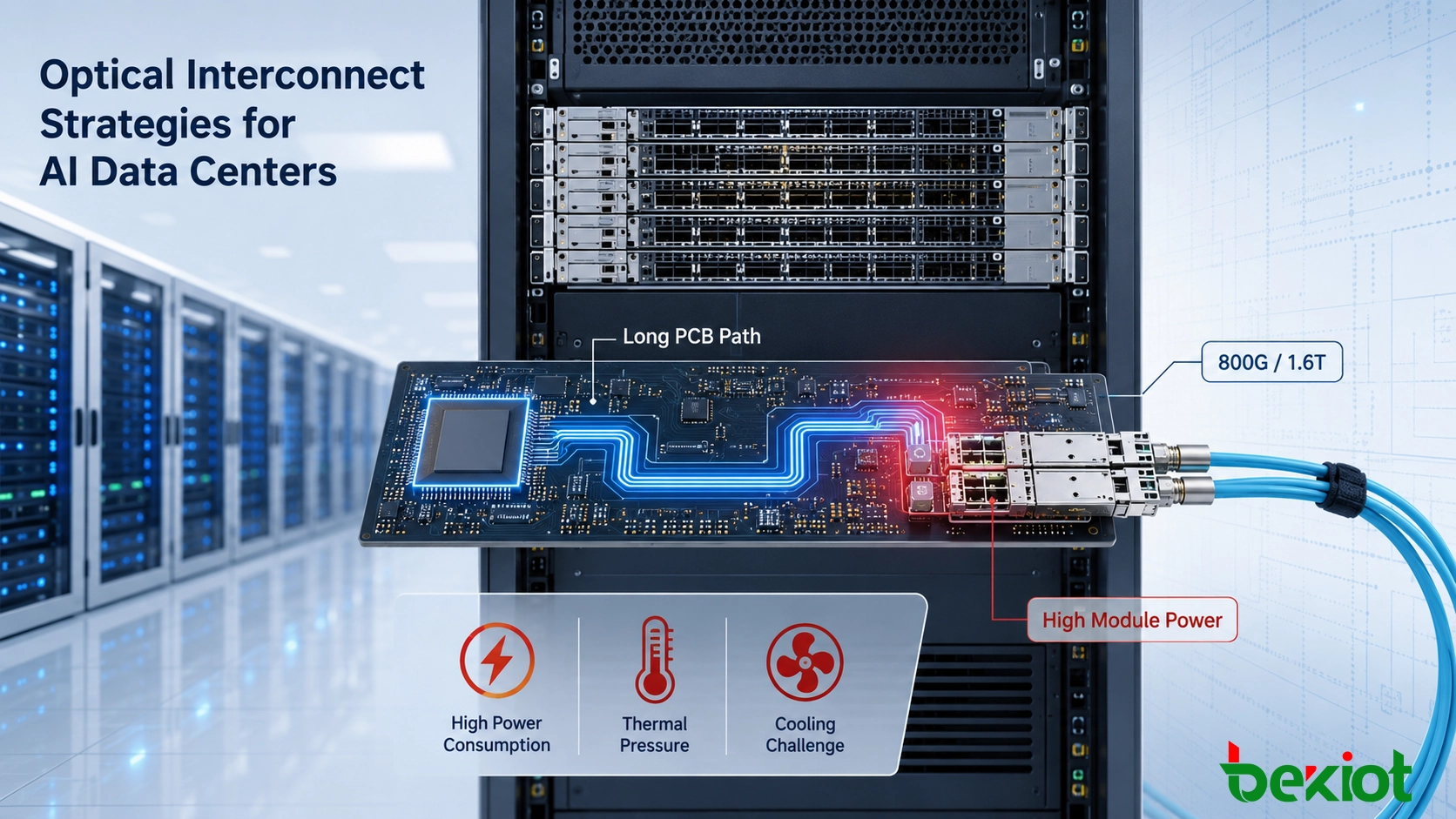 High-density AI data center switch showing optical module power thermal pressure and long PCB electrical paths