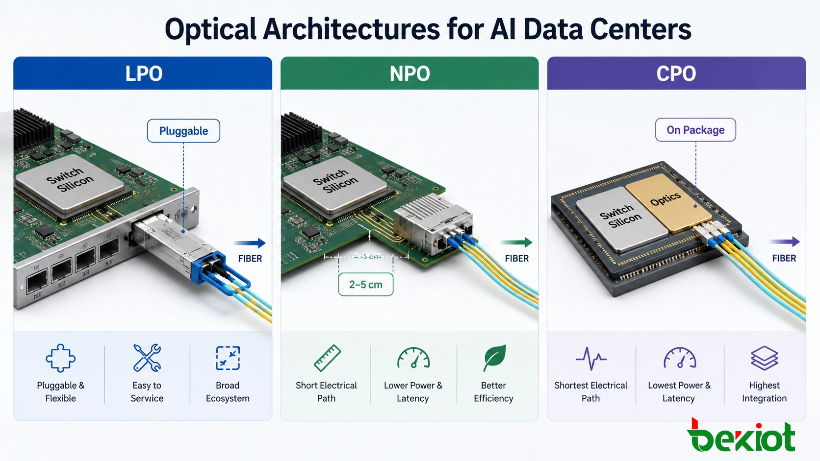 LPO NPO and CPO architectures comparing pluggable optics near-package optical engines and co-packaged optics