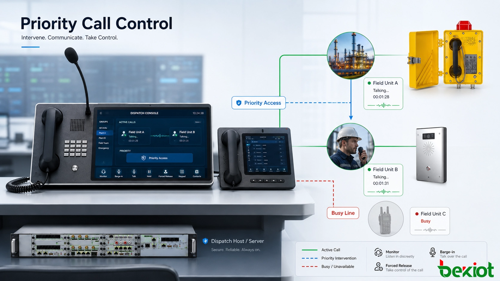 Priority call control workflow in a dispatch communication system showing an occupied call and an authorized dispatcher