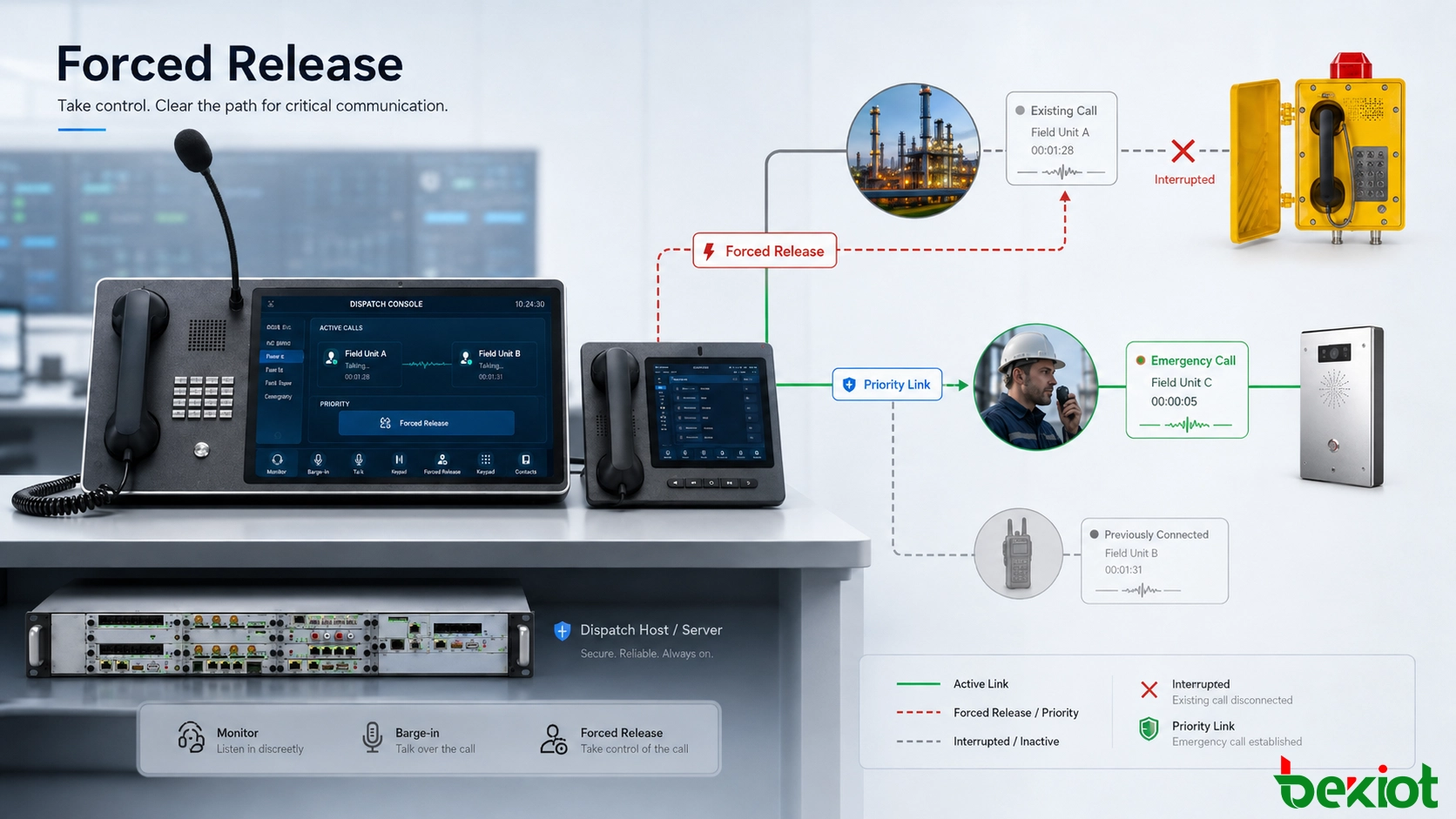 Forced release workflow allowing an emergency dispatcher to interrupt an occupied connection and establish a priority call