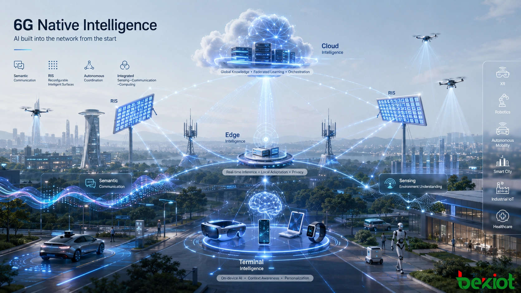 6G native AI architecture integrating terminals, edge computing, base stations, cloud intelligence, semantic communication and RIS