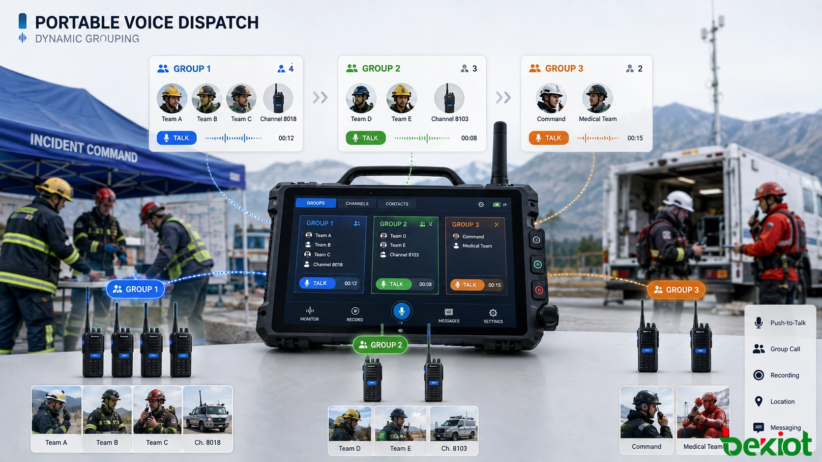 Portable voice dispatch console dynamically grouping multiple emergency radio channels for field coordination