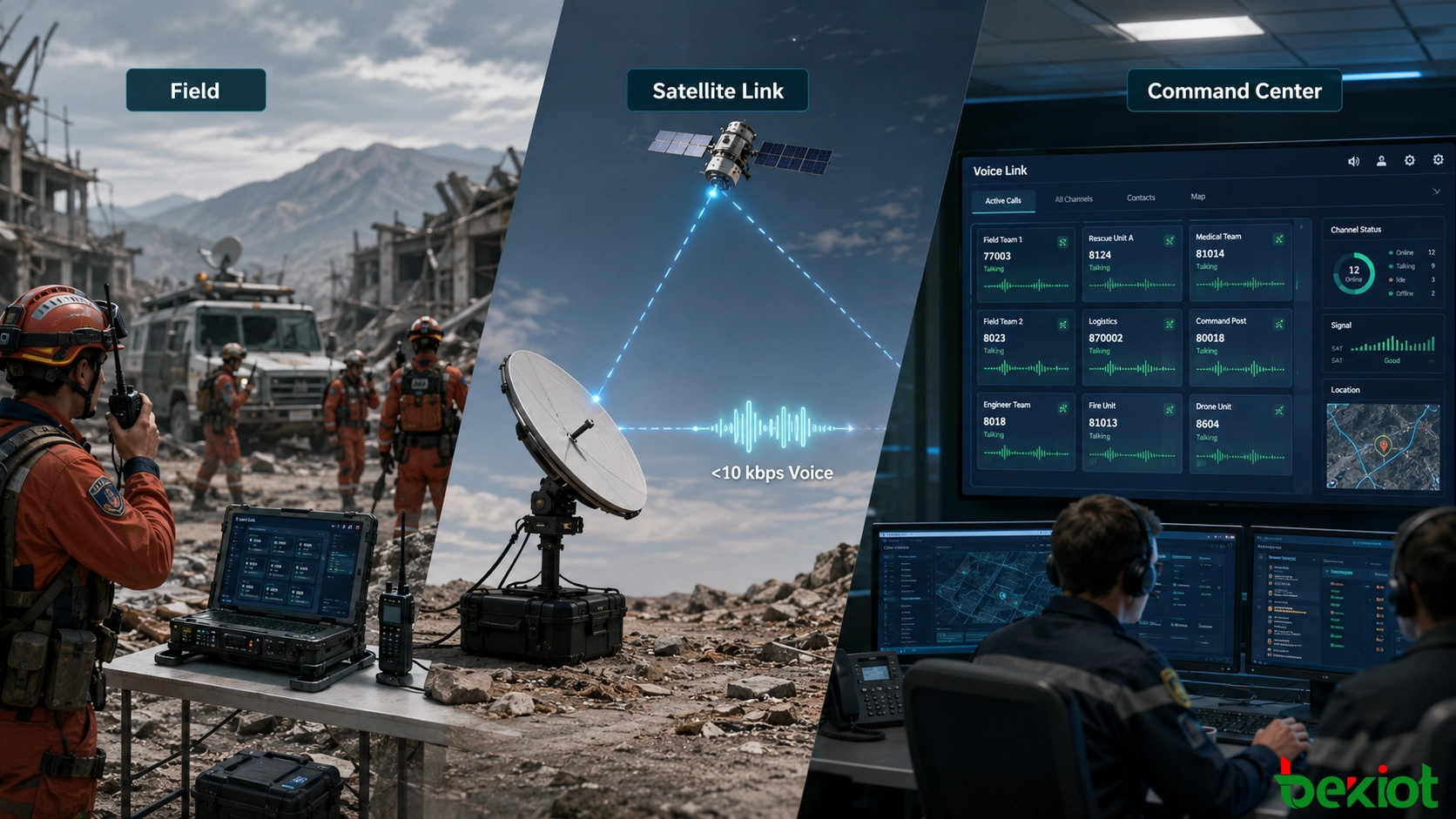 Low-bandwidth emergency voice communication linking field radios and a remote command center through a satellite connection