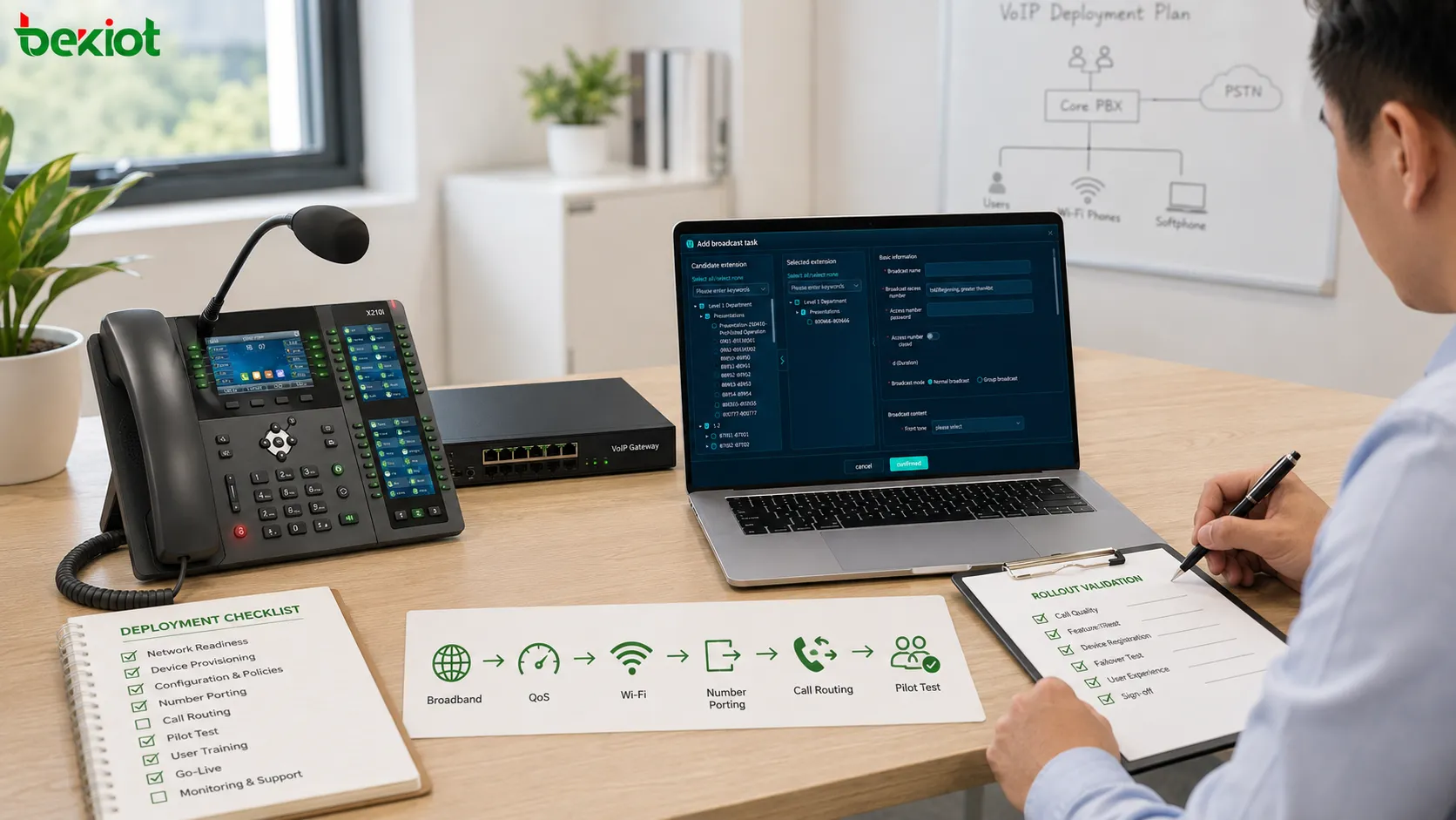 Small business VoIP deployment checklist covering broadband quality QoS WiFi coverage number porting IP phones mobile apps call routing CRM integration and pilot testing