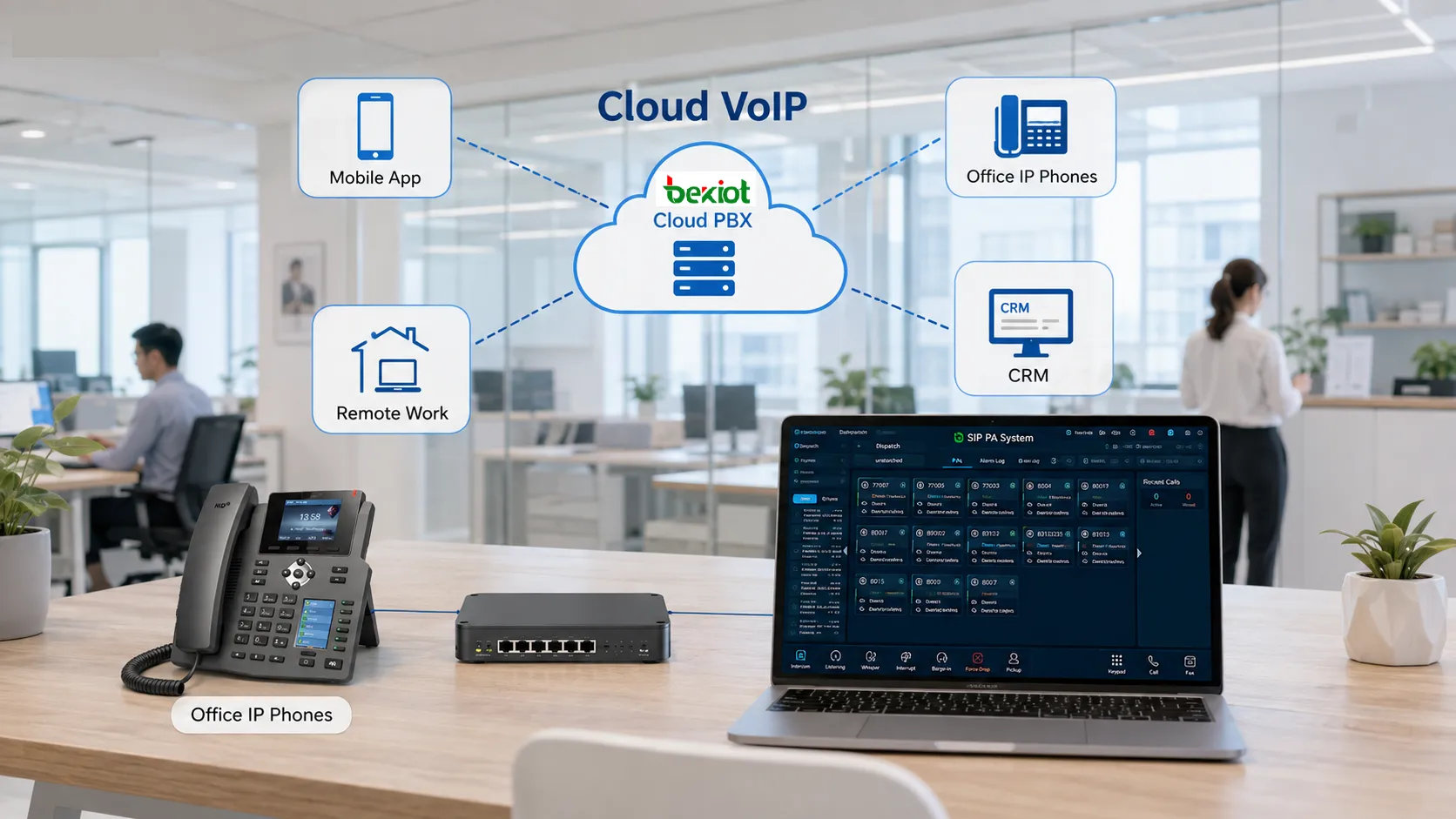 Cloud VoIP architecture connecting office desk phones remote employees mobile apps broadband networks and cloud communication services for small businesses