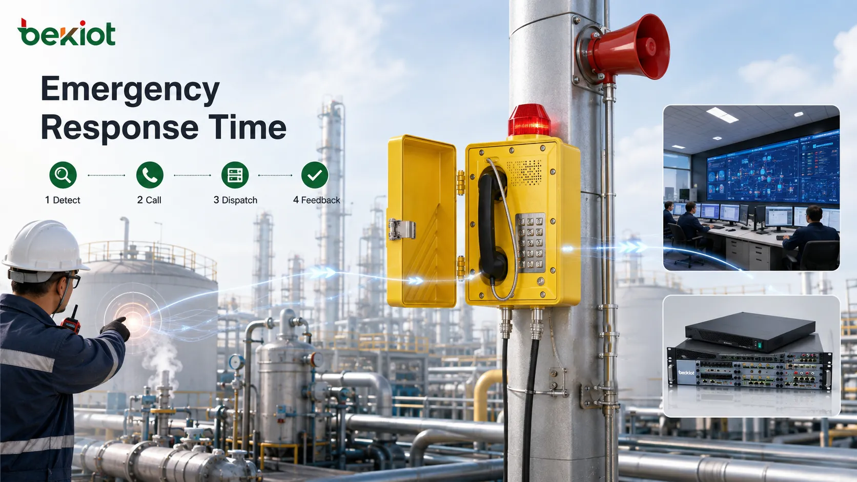 Explosion-proof telephone emergency response time process showing field abnormality detection fixed-point calling control room answering location confirmation dispatch handling and feedback records