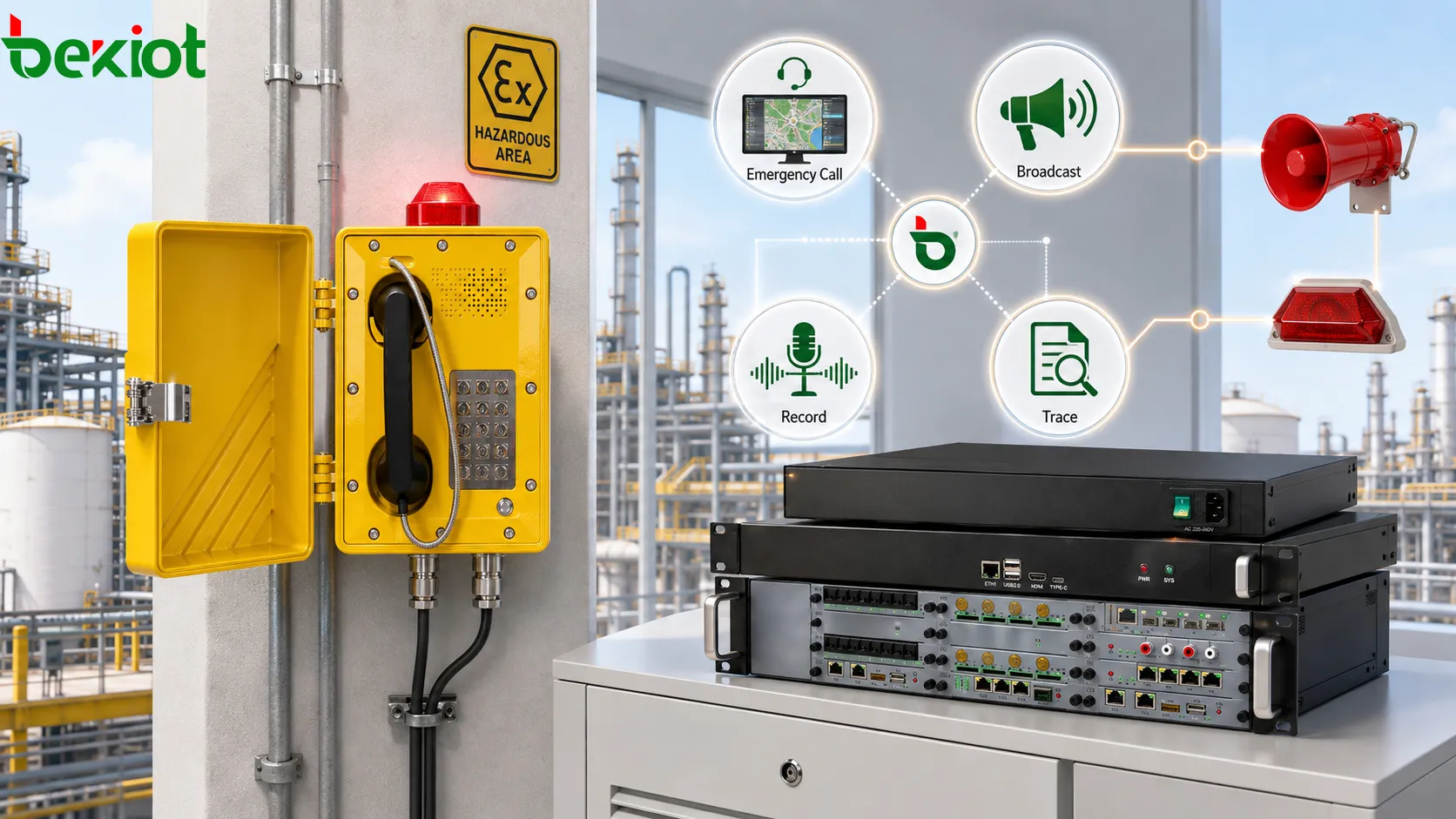 Explosion-proof telephone connected to dispatch platform and recording system showing emergency call control room handling broadcast linkage traceability and response time analysis loop