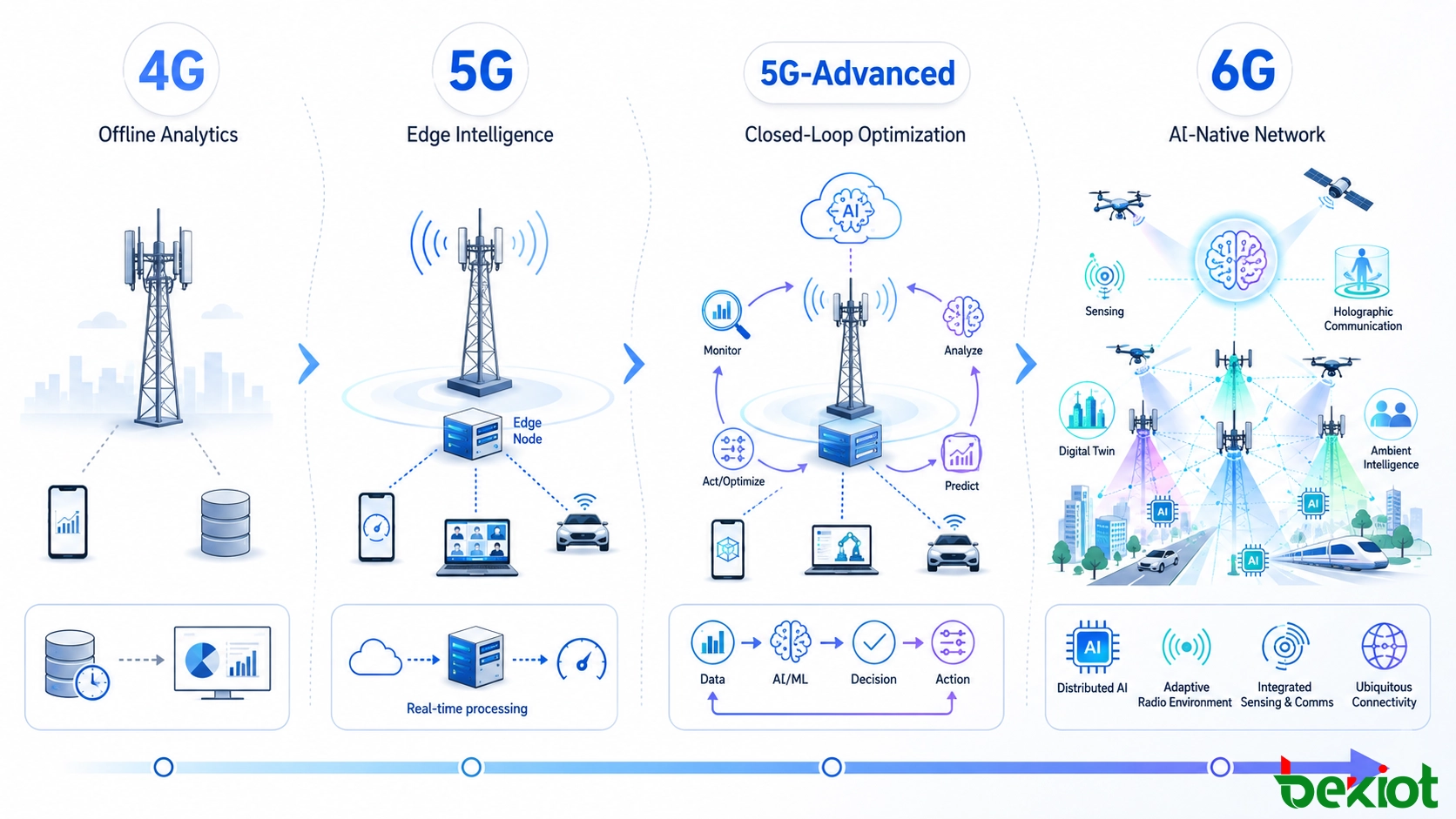 Evolution of AI in mobile networks from offline 4G analytics to 5G edge intelligence, 5G-Advanced closed-loop optimization, and future AI-native 6G