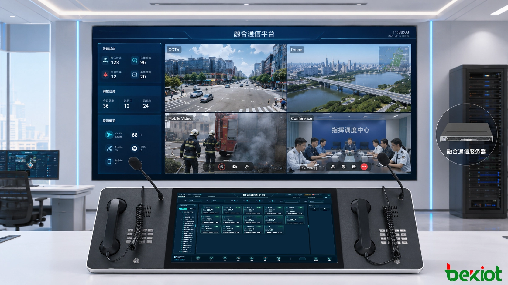 Unified command center displaying CCTV, drone, video conference, and mobile video streams after protocol and media normalization