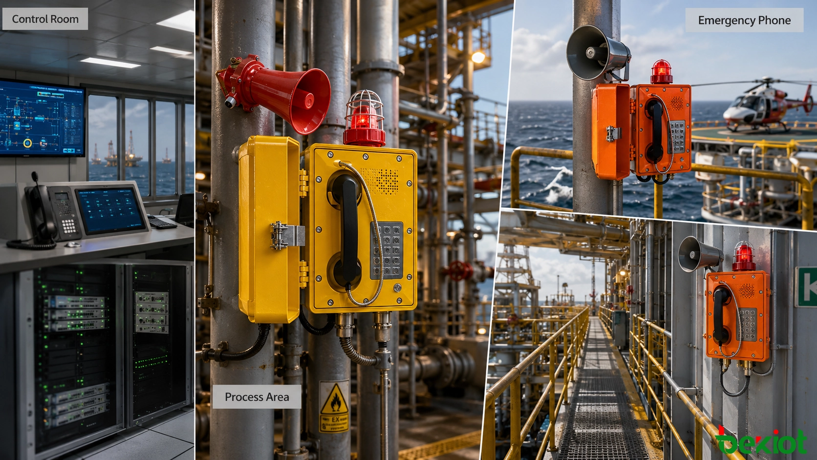 Zone-based offshore platform emergency telephone deployment covering the control room, production deck, compressor area, helideck, machinery room, and lifeboat area