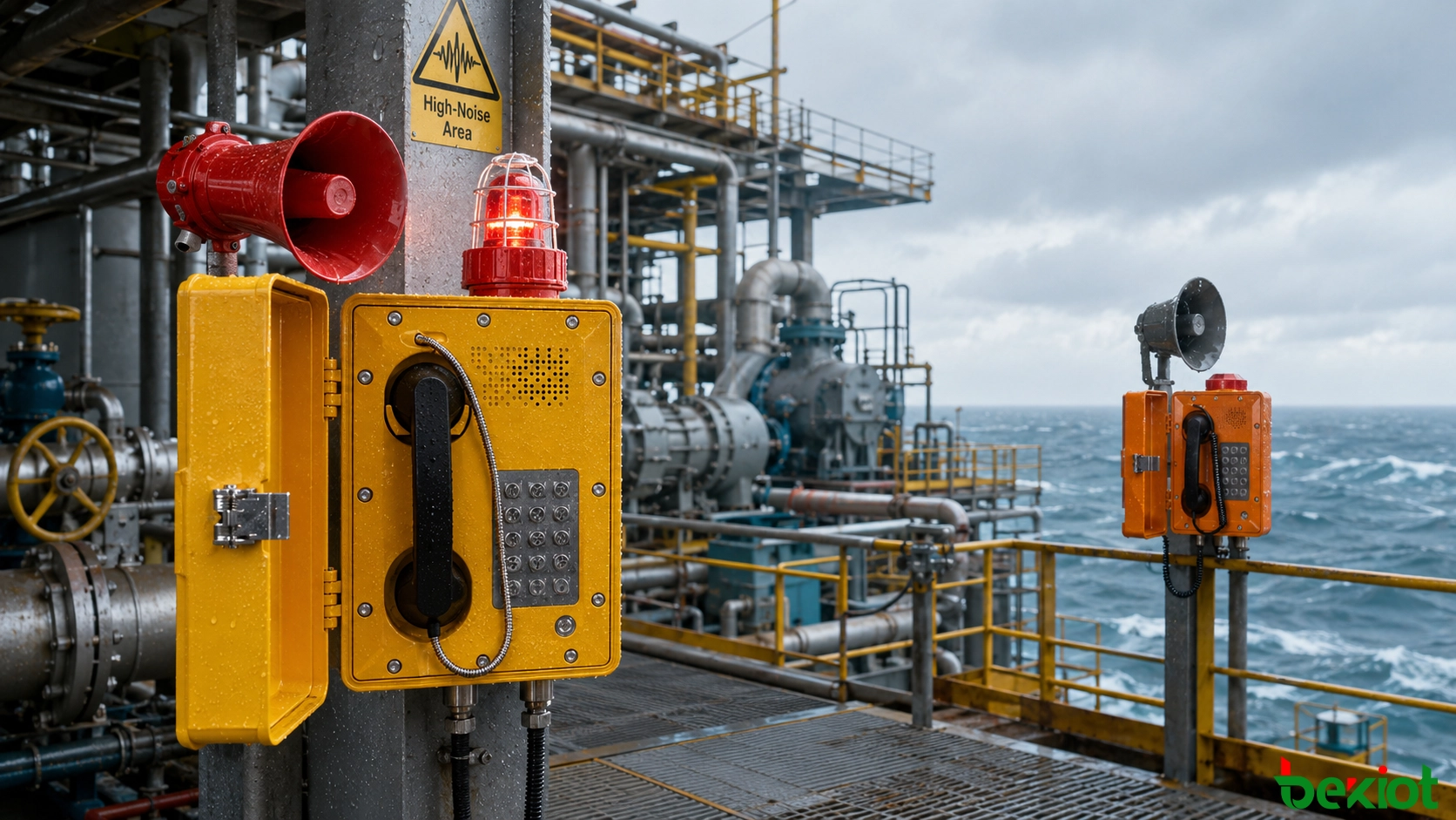 Offshore platform high-noise emergency communication using industrial telephones, horn loudspeakers, visual alarms, and control-room dispatch integration