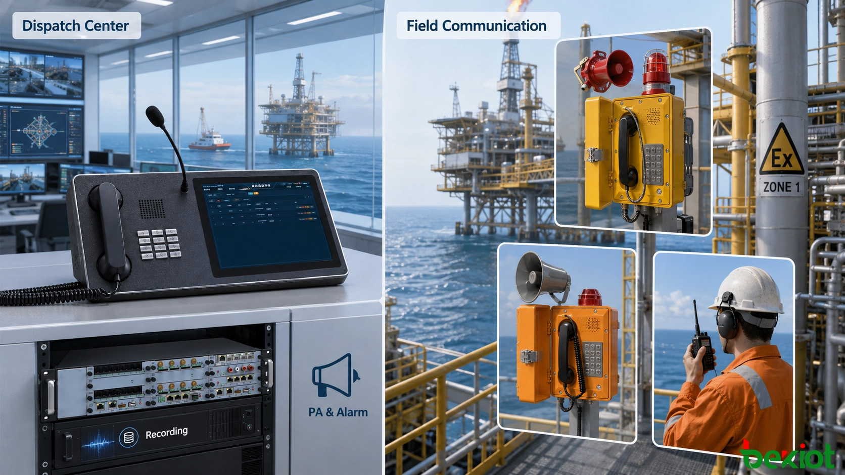 Offshore platform emergency communication architecture connecting industrial and explosion-proof telephones with dispatch servers, control-room consoles, public address, alarms, and recording systems