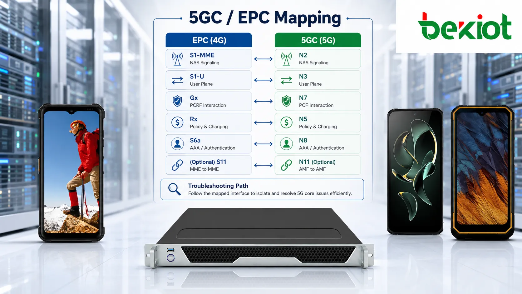 5GC and EPC interface mapping comparing N2 N3 N4 N5 N7 N8 N11 and other core network interfaces with S1 Gx Rx S6a and legacy EPC interfaces