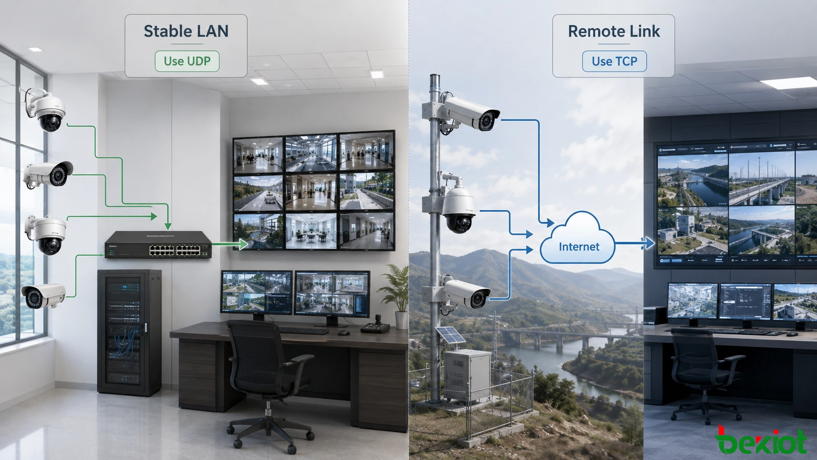 Video surveillance network showing protocol selection for local camera monitoring and remote Internet transmission